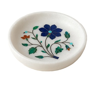 Assiette décorative Art Déco en marbre incrusté, motif floral, fabriquée en Inde, idéale pour la décoration de la maison et les cadeaux de Diwali - Product Image 1