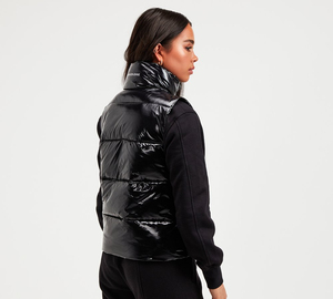 Gilet matelassé noir brillant pour femme, col montant, fermeture éclair, sans manches, hiver - Product Image 3