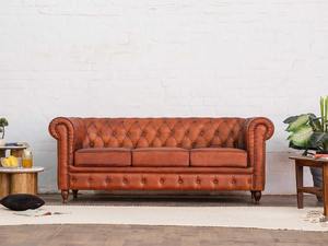 Classic Tan Leather Chesterfield <b>Sofa</b> Luxurious Tufted Three Seater Eco-Friendly Transitional <b>Wood</b> <b>Frame</b> Living Room Stately - Product Image 1