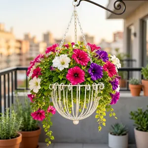 Panier suspendu vintage en métal blanc avec cadre en fil métallique décoratif courbé et suspension à chaîne, support de pot de fleurs ornemental - Product Image 4