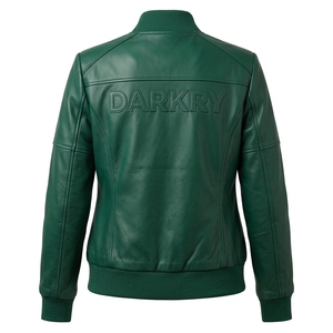 Custom <b>Women</b> Green Real Genuine Sheepskin Leather <b>Bomber</b> <b>Varsity</b> <b>Jacket</b> Full Snap Button Ribbed Cuff OEM Manufacturer Service - Product Image 2