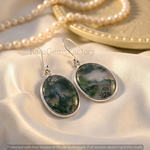 Pendientes de Plata de Ley 925 con Ágata Musgosa, Piedra Preciosa Verde Natural, Pendientes Colgantes Ovalados, Joyería Hecha a Mano para Mujer - Product Image 4