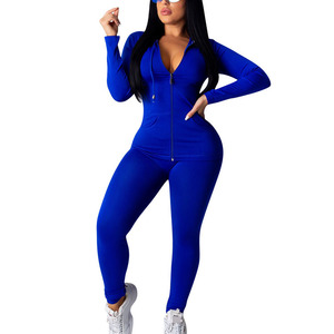 Combinaison longue à capuche bleue pour femme, taille haute, coupe ajustée, en spandex et polyester, fermeture éclair sur le devant, couleur unie, longueur intégrale - Product Image 1