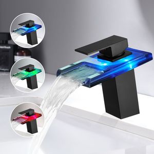 Rubinetto Monocomando per Lavabo Bagno con Luce LED, Cascata a 3 Colori Variabili, Bocca in Vetro, Miscelatore Acqua Calda e Fredda, Montaggio su Piano a Foro Singolo - Product Image 4
