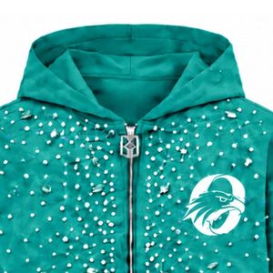 Sweat à capuche zippé Teal Pearl, veste streetwear de luxe ornée de perles, sweat à capuche à manches longues avec poches avant, tenue décontractée - Product Image 3