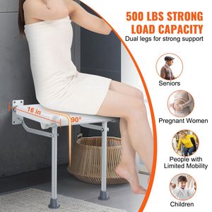 Banc de douche mural pliable, capacité de 500 lb, siège en PE gain de place, 15,7 x 14,8 pouces déplié - Product Image 3