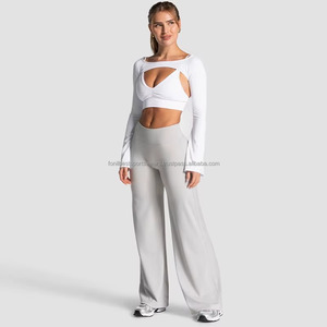 High Waist Seamless Solid Color Yoga <b>Leggings</b> Hollow Design Full Length <b>Flared</b> Leg Activewear Women's Sportswear 220g Customized - Product Image 1