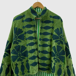 Veste polaire à col mandarin imprimé floral vert, manches longues, grande taille, vêtements de printemps pour femmes adultes - Product Image 1