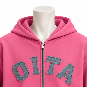 Hot <b>Pink</b> <b>Mens</b> Full Zip Hoodie Chenille Letter Patch Heavyweight Fleece Oversized Casual Streetwear <b>Sweatshirt</b> with Front Pockets - Product Image 3