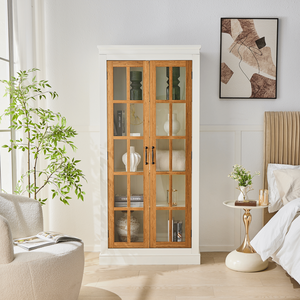 71.2 Meuble de rangement autoportant de style farmhouse avec porte vitrée, étagères réglables, vitrine fonctionnelle à treillis pour vaisselle - Product Image 1