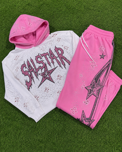 Ensemble survêtement Salstar pour homme : sweat à capuche blanc et pantalon de jogging rose, imprimé pailleté, style streetwear, coupe ample, longueur intégrale, tenue décontractée d'automne - Product Image 6