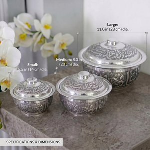 Plat de service en métal martelé argenté avec couvercle gravé – Vaisselle de luxe traditionnelle, accent décoratif festif pour la maison - Product Image 4