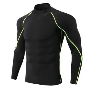 Camiseta Deportiva de Manga Larga para Hombre, Cuello Alto, Tejido de Punto, Secado Rápido, Corte Ajustado, Color Negro - Product Image 1