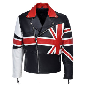 Chaqueta de cuero genuino de vaca 100% personalizada con bandera del Reino Unido para hombre, chaqueta de cuero para motocicleta con bandera británica BRANDO, cremallera cruzada YKK - Product Image 1