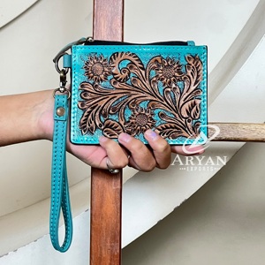 Nueva Cartera Pequeña de Cuero Genuino con Grabado Floral Hecho a Mano, Monedero Elegante con Cremallera para Monedas y Tarjetas de Crédito, Cartera Delgada Unisex para Uso Diario - Product Image 1