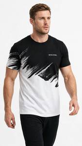 ONETEN APPAREL T-shirt imprimé noir et blanc pour hommes, haut décontracté à manches courtes et col rond - Product Image 3
