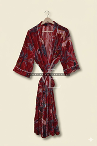 Kimono de terciopelo rojo de lujo hecho a mano para mujer, elegante estampado de selva, transpirable, ecológico, suave y afelpado, largo, para verano - Product Image 5