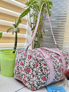 Boho Luxury Cotton Quilted Floral Duffle Bag Indian <b>Hand</b> Block Print Zipper <b>Lightweight</b> Travel Shoulder Bag for Weekend Trips - Product Image 5