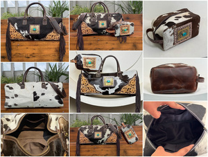 Moda personalizable moda cuero de vaca genuino turquesa Sone Duffle & neceser 2 piezas conjunto combinado con flecos para mujer - Product Image 3