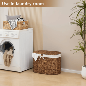 Cesto Portabiancheria Ovale in Giacinto d'Acqua Naturale Intrecciato con Coperchio - Product Image 4