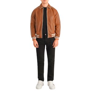 Blouson Bomber Varsity en Cuir Véritable Marron Cognac pour Homme, Bordure Côtelée Rayée, Fermeture Éclair Intégrale, Vêtement d'extérieur Décontracté Haut de Gamme - Product Image 2