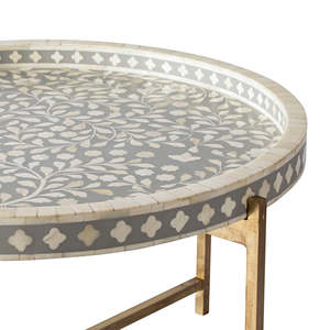 Mesa de centro redonda de alta calidad hecha a mano por los mejores artesanos, con incrustaciones de hueso, estilo antiguo moderno, con estructura de metal, para sala de estar. - Product Image 6