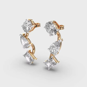 Boucles d'oreilles pendantes fantaisie en or massif 14 carats avec trois diamants de laboratoire pour femme, idéales pour mariage - Product Image 1