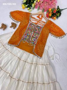 Festival Wear Rangoli Crush with Lumpi Lace work & Flared <b>White</b> <b>Lehenga</b>-Readymade Print-Embroidery Blouse Pair Indian Supplier - Product Image 4