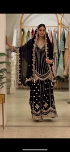 Elegant Indian Pakistani Women's Traditional Floor-Length <b>Wedding</b> <b>Dress</b> Set <b>Red</b> <b>Black</b> Embroidered Polyester Digital Printing - Product Image 3