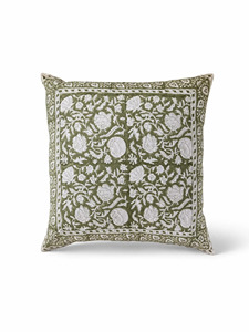 Square Printed Floral 100% Cotton <b>Cushion</b> <b>Cover</b> in Olive Green <b>with</b> White Pattern Bohemian Style Home & Hotel Decor Pillow Case - Product Image 1