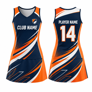 MEGAMAPLE Uniforme de netball sans manches personnalisé pour femmes, bleu marine, orange, blanc, impression par transfert thermique, respirant, 100% polyester, sans couture - Product Image 1