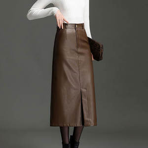 Jupes longues en cuir pour femmes, décontractées, taille haute, moulantes, mi-longues avec fente, collection automne-hiver 2026 - Product Image 5