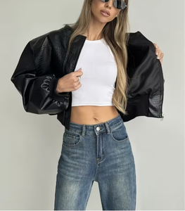 Black PU Bomber Jacket With Batwing Sleeve Turn-down Collar Zipper Front Casual Short Length Autumn Outerwear Unisex Wholesale - Product Image 3