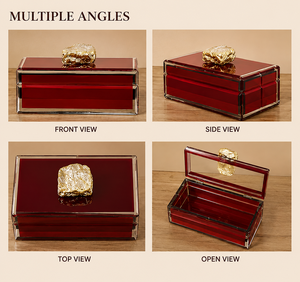 Burgundy Glass Jewelry Storage <b>Box</b> with Gold Finish Natural Stone Knob Glossy Finish Decorative Keepsake and <b>Vanity</b> Organizer - Product Image 5