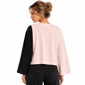 Camisa de mujer Chic Color Block con lazo, top corto rosa y negro, de algodón personalizado, manga larga ancha, ajuste holgado, estilo casual, para boutique. - Product Image 2