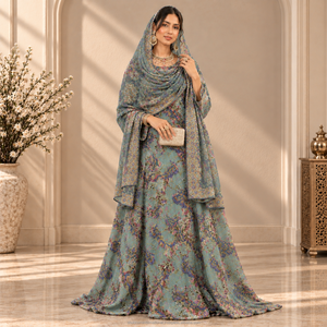 Conjunto Completo de Lujo Fransawi Dirac Azul Gris con Cuentas y Estampado, con Garbasaar Bordado para Bodas Somalíes - Product Image 1