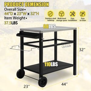 Carrello Multifunzionale in Acciaio Inox con Griglia Piana, Tavolo da Lavoro Mobile per BBQ, Due Ruote, Ganci e Accessori per Preparazione Cibo - Product Image 4