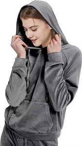 Women's Gray <b>Velour</b> <b>Tracksuit</b> Hooded Full Sleeve Casual Pants Set Autumn Breathable Solid Color Loose Fit Drawstring Closure - Product Image 6