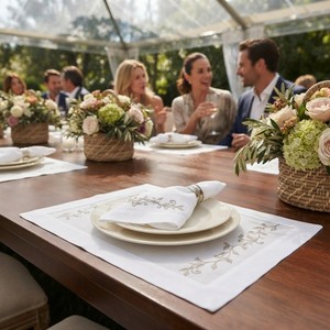 Ensemble élégant de sets de table et de serviettes en coton blanc avec broderie délicate de vigne pour une table raffinée - Product Image 3