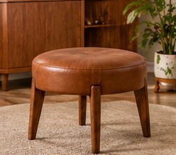 Tabouret rond rembourré marron en bois, repose-pieds avec pieds en bois massif, assise moderne pour salon, chambre, hôtel, table de réception - Product Image 1