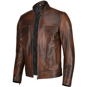 Blouson moto en cuir véritable marron pour homme, col montant, fermeture éclair, manches classiques, coupe-vent, idéal pour l'automne - Product Image 3