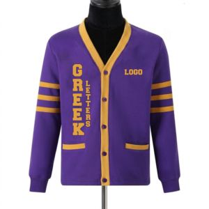 Cárdigan Personalizado de Fraternidad con Letras de Chenilla en Felpa de Algodón Omega, Cárdigan Transpirable de Alta Calidad para Hombres Griegos - Product Image 1