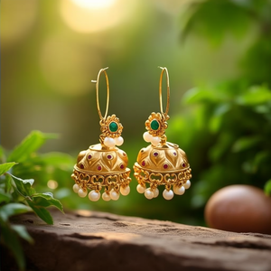 Gold Plated Pearl Floral Hoop Drop Earrings-Vintage Ethnic Religious Jhumki with Oxidized Polish India - Product Image 3