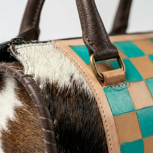 Luxury 100% Genuine <b>Leather</b> Mini Speedy Duffel Bag Weekender Sport Checkerboard Teal Brown Pattern Double Handle Zipper Closure - Product Image 4