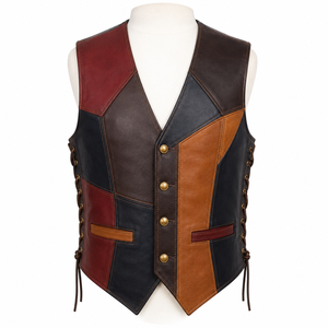 Customized <b>Men's</b> Genuine <b>Leather</b> Western <b>Vest</b> Stand Collar Sleeveless Zipper Closure Embossed Printing Summer Outerwear OEM/ODM - Product Image 1