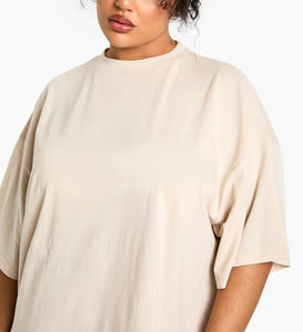 Customized Women's Oversized Crew Neck T-<b>Shirt</b> Beige Short Sleeve Loose Fit 100% Cotton Jersey <b>Flame</b> Logo Print All Seasons - Product Image 4