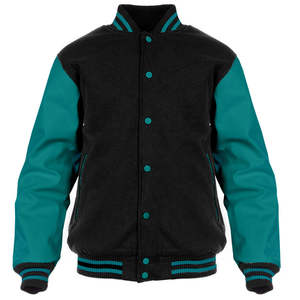 Chaqueta Bomber Universitaria de Lana y Cuero Premium para Hombre, Chaqueta Varsity Letterman al por Mayor, Cuerpo de Lana Negra, Cuero Azul Cielo - Product Image 5