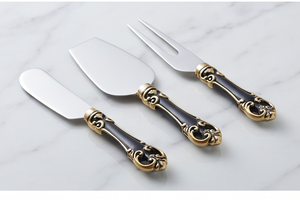 Juego de cuchillos para queso de acero inoxidable, 3 piezas, mango negro, ribete dorado, herramientas duraderas para queso, utensilios de cocina - Product Image 2