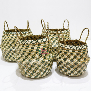 Eco-Friendly Handmade Green Pattern Palm Leaf Woven <b>Basket</b> with Handles <b>For</b> Storage, <b>Plants</b> & Home Decor - Product Image 5