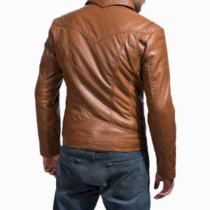 Men's Brown Genuine Leather Motorcycle <b>Jacket</b> Windproof & Waterproof <b>Slim</b> <b>Fit</b> Turn-down Collar Zipper Closure Autumn Streetwear - Product Image 2